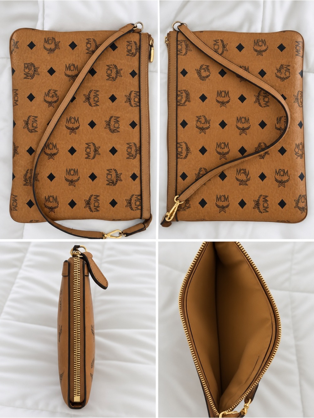 MCM Cognac Visetos Slim Crossbody Pouch with Black Logo Print